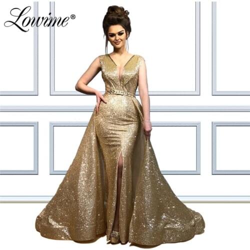 Luxury V Neck Evening Dresses 2019 New Arrival Mermaid Turkish Islamic Aibye Muslim Prom Dress Glitter Two Pieces Party Gowns