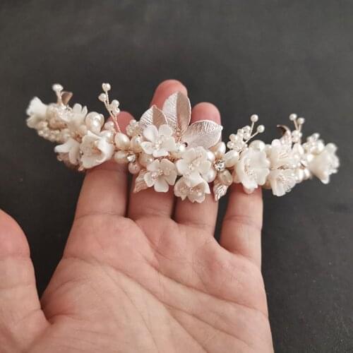 SLBRIDAL Handmade Luxury Rhinestones Freshwater Pearls Ceram Flower Bridal Tiara Wedding Bridesmaids Crown Women Hair Jewelry