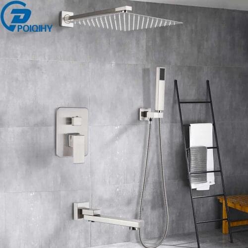 POIQIHY Brushed Nickel Bath Shower Faucets Set Embedded Box Concealed Valve Shower System Rainfall Bathtub Shower Mixers Faucet