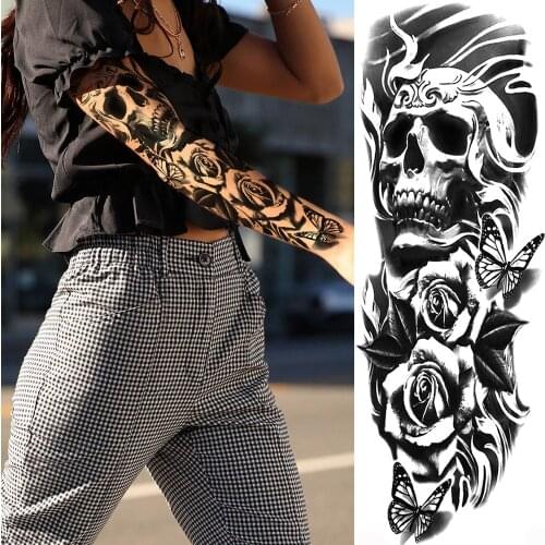 Devil Skull Skeleton King Temporary Tattoos For Men Women Body Art Full Arm Sleeve Flower Tatoo Waterproof Fake Tattoo Stickers