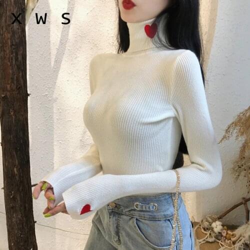 Love embroidery turtleneck sweater autumn winter Casual Soft polo-neck Jumper Fashion Slim sexy Femme Elasticity Pullovers