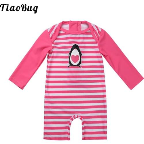 TiaoBug Kids Girls One-Piece Long Sleeves Penguin Pattern Printed Striped Rash Guard Swimsuit Swimwear Bathing Suit