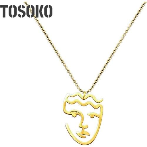 TOSOKO Stainless Steel Jewelry Abstract Art Face Pendant Necklace Women Fashion Hollow Clavicle Chain BSP470