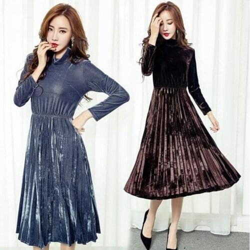 Womens Fashion Dresses A-line Pleated Vintage Dress Long Sleeve Velvet Dress