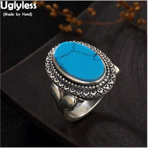 Uglyless Real 925 Sterling Silver Women Natural Turquoise Open Finger Rings Lovely Fish Tale Ring Ethnic Vintage Bohemian Bijoux
