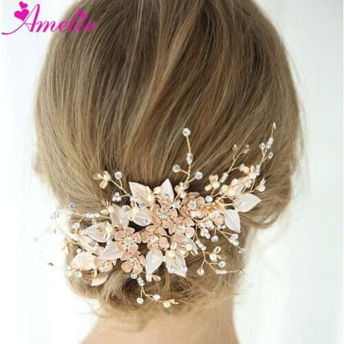 Beach Shower Wedding Headpiece Floral and Leaf Gold Hair Comb Bridal Hair Accessories Flower Women Jewelry