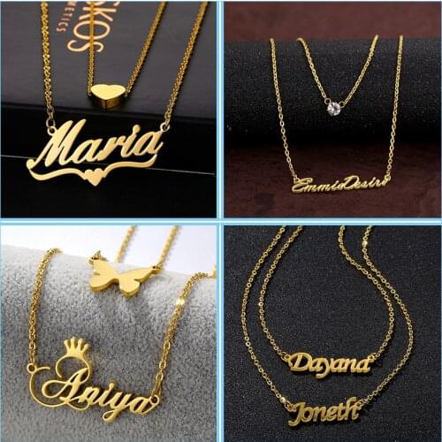 Custom Stainless Steel Double Layer Name Necklace for Women Personalized Customized Gold Letter Heart Pendant Necklace Jewelry