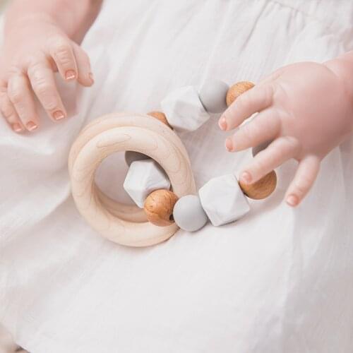 1PC Baby Teether Wooden Rattle Ring Teething Nursing Bracelets BPA Free Silicone Bead Wooden Rodent Montessori Baby Products Toy