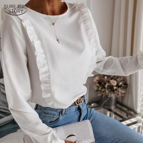 2021 Back Button Lady Shirt Autumn Pleated Wood Ear Women Blouse Long-sleeved Solid Color Shirt Female Blusas Mujer De Moda15778