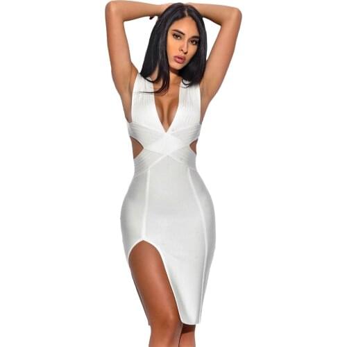 White Sleeveless 2020 New Backless Deep V Neck Sexy Women Knee Length Bandage Bodycon Dress
