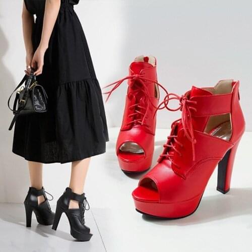 Fashion Peep Toe Ankle Boots For Women Shoes Sexy High Heels Platform Summer Boots Women Cross-tied Yellow White Shoes Female