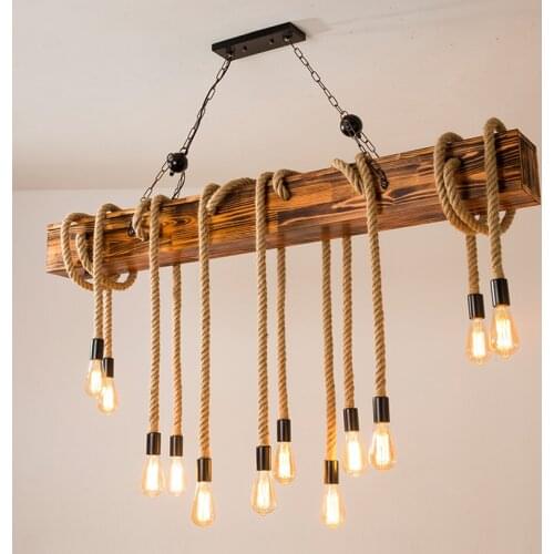 Wood Pendant Lamps North American Retro Decorative Hanging Lamp Hemp Rope Candle Chandelier Metal Black Round Pendant Light