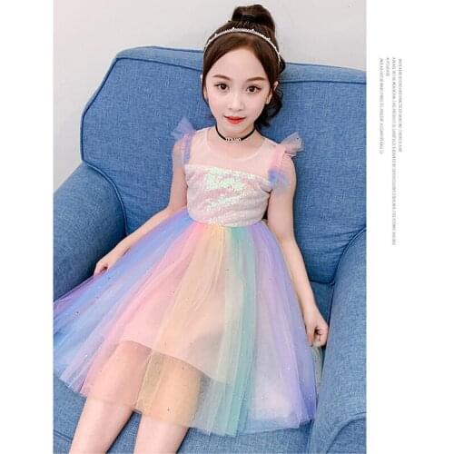ChildrenS Clothing 2021 New Summer Dress Girls Party Colorful Little Flying Sleeve Dress Korean Teens Net Yarn Princess Dress