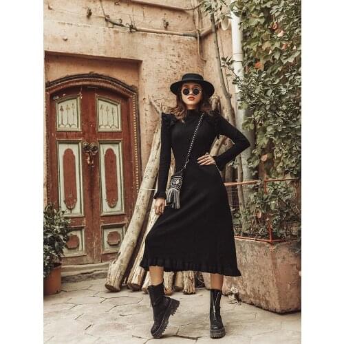 IRINAMS029 Fall Winter 2020 Collection Original Design Vintage Ruched Long Sleeve Knitted Dress Women