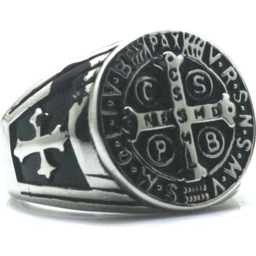 Ladys Size 5 To 10 CSPB CSSML NDSMD Saint Benedict of Nursia Christianity Jesus Exorcism Cross Ring 316L Stainless Steel