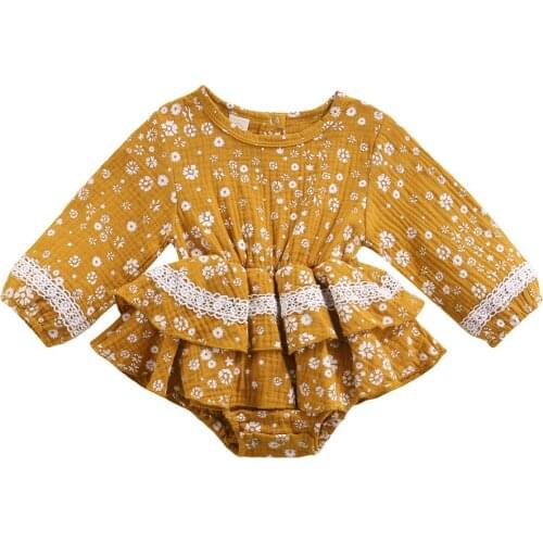 Baby Girls Sweet Style Romper, Infant Spring Autumn Floral Printing Lace Splicing Long Sleeve Round Collar Jumpsuit