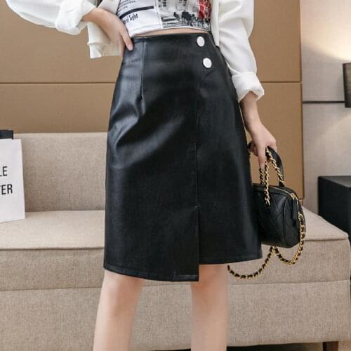 Fashion plus size 2xl high-quality high-waisted slim split black PU skirt womens mid-length leather skirts office lady clothes