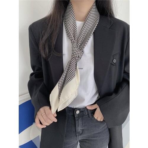 Luna&Dolphin Women Spring Square Scarf 90x90cm Twill Silk Feeling Ins Houndstooth Plaid Manual Crimping Shawl Pashmina Wrap