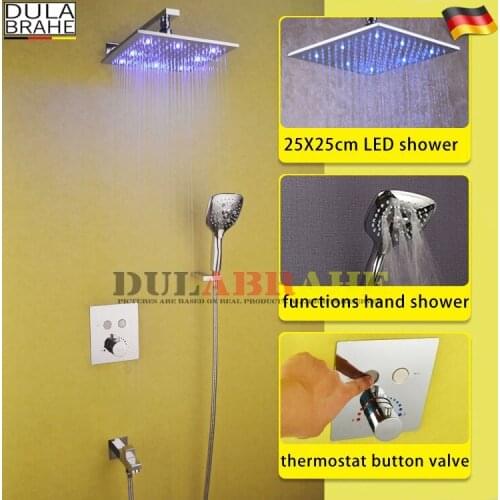 LED Rain Shower Set Thermostat Mixer Valve Button Panel Bathroom Shower Mixer Bath Shower Faucet System
