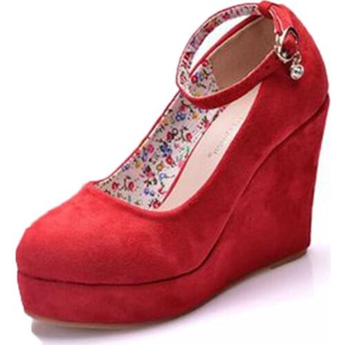 Large heels with wedges round toe platform single shoe one word wrist strap buckled suede and high-heeled wedges