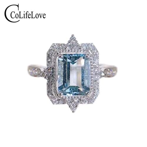 CoLife Jewelry Natural Aquamarine Ring for Party 6*8mm Emerald Cut Natural Aquamarine Silver Ring 925 Silver Aquamarine Jewelry