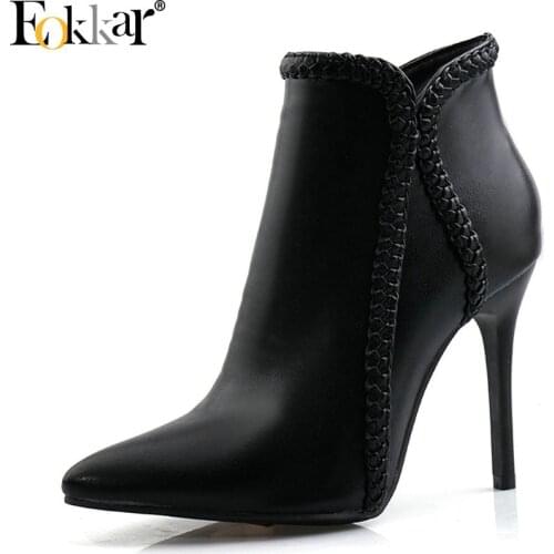 Eokkar 2020 Women Ankle Boots Super Thin High Heel Pointed Toe Winter Boots Pu Leather Women Shoes Ladies Boot Plush Size 34-43
