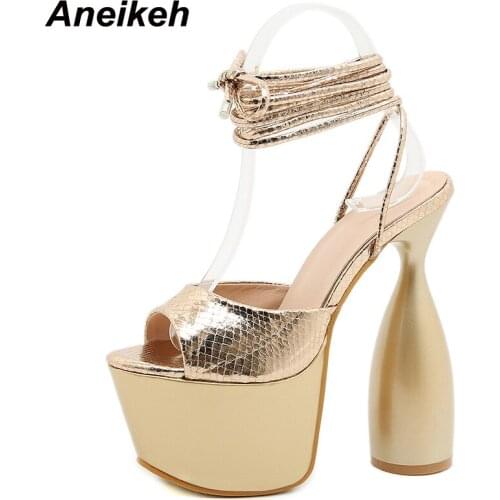 Aneikeh 2021 Summer Bling Ankle-Wrap Womens Shoe Fashion Platform Sandalias De Las MATURE PU Peep Toe Thick Heel NEW Size 35-40