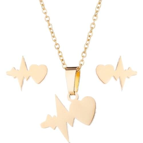 AsJerlya Heart ECG Silver Gold Color 316L Stainless Steel Jewelry Sets For Women Necklace Earrings Jewelry Set Wedding Jewelry