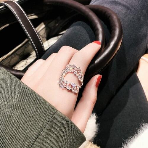 New Korean Fashion Geometric Crystal Zircon Resizable Finger Rings Femme Trendy Design Temperament Adjust Rings For Women Gifts