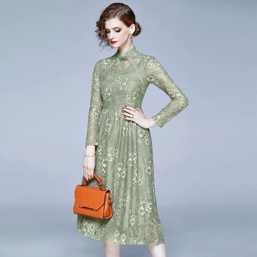 High Quality 2021 spring summer Runway High-End Lace Patchwork Long Sleeve casual Dress