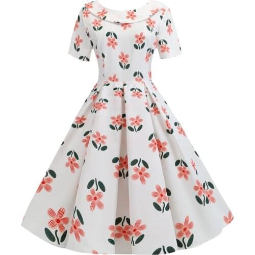 Short Sleeve Summer Dress SP0200 Print Retro Swing Vintage Women Blue Yellow Dress