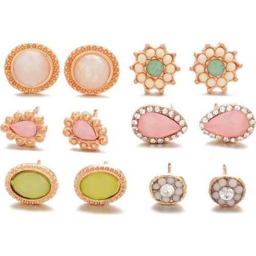 6 Pairs/ Set Women Eearring Classic Water Drop Flower Round Gold Earrings Fashion Shiny Crystal Gem Stud Earrings Combination
