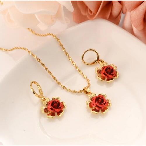 Bangrui Ethiopian Gold Color Flower set Jewelry Pendant Chain Earrings African Bride Wedding Flower Bijoux