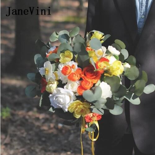 JaneVini 2020 Orange Yellow Bridal Bouquet Bride Artificial Flowers Silk Rose Leaves Wedding Bouquets Mariage Brooch braut blume