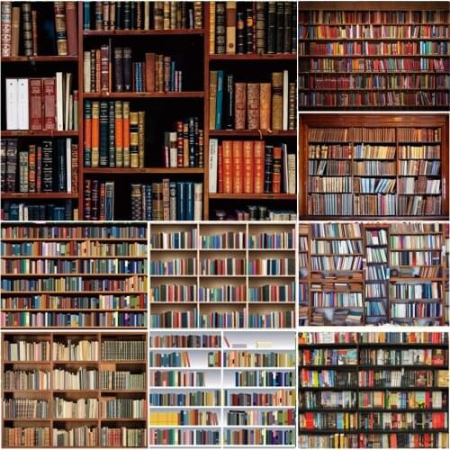 Bookshelf Photography Backdrop Bookcase Library Office for Video Conference Vintage Party Photo Background Books