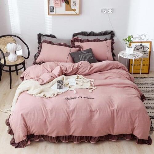 Korean Version of Luxury Princess Feng Shui Washed Cotton Embroidered Bedding Set Pure Color Lace Sheets Duvet Cover Bedding