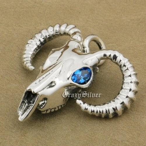 925 Sterling Silver CZ Eyes Argali Skull Pendant Mens Biker Rock Punk Pendant 9S108