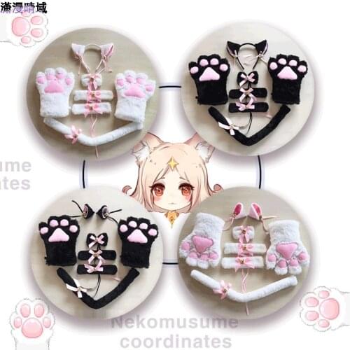 Set of COSplay Headwear Cat ears Cat claw gloves Bell for Hair clip pink/black/white