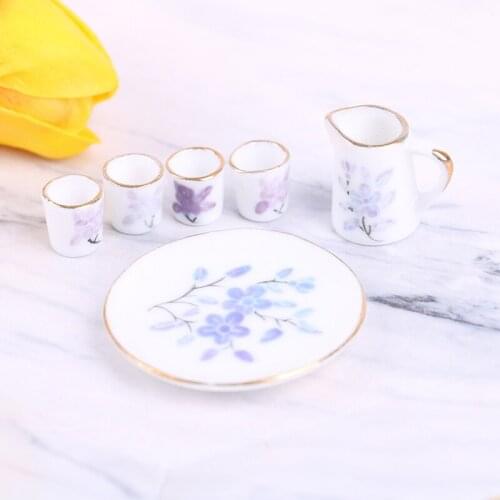 1 Set Flower Pattern Charms Dish Plate Tea Cup Set for 1/6 Scale Dollhouse House Miniature Pot Porcelain Ceramic Flower Print
