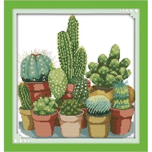 Joy Sunday Cactus Green Plant Pot Printed on Canvas Cross Stitch Kits Chinese Counted Embroidery Needlework Decorations Broderie