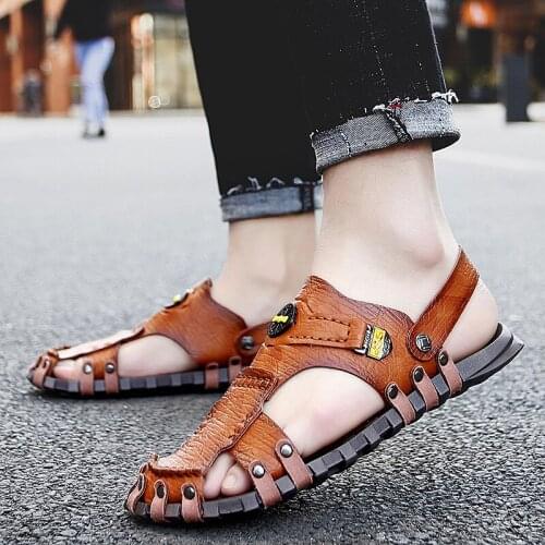 Summer Split Leather Mens Sandals Handmade Big Size Rubber Sole Beach Shoes 2021 Fashion Breathable Soft Non-slip Man Slippers
