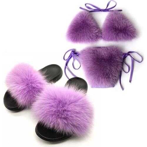Sexy Fox Fur Slippers Womens Summer Furry Underwears Sets Ladies Fox Hair Bra and Underpants Female EVA Home Slides