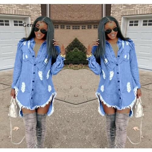 Vintage Women Denim Mini Asymmetrical Dress Sexy Turn Down Neck Long Sleeve Ribbbed Tassel Shirt Dress Mini Blue Jean Vestido