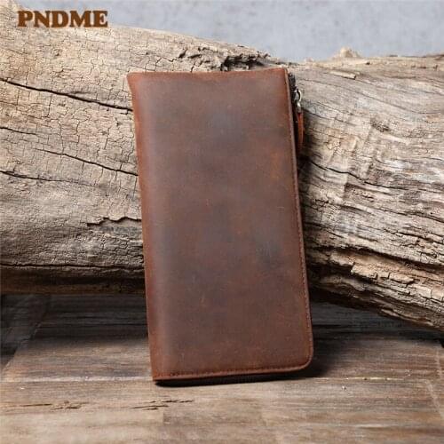 Vintage simple crazy horse cowhide mens long wallet casual natural genuine leather multi-card card holder phone clutch purse