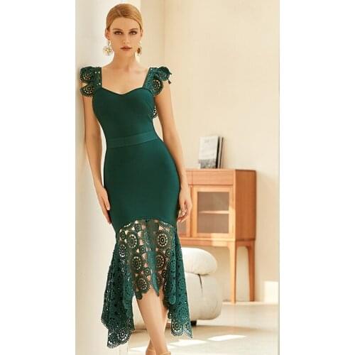 High Quality Green Sexy Spaghetti Strap Lace Sleeveless Bandage Dress Sexy Women Midi Bodycon Club Celebrity Runway Party Dresse