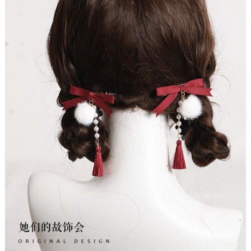 Red Bowknot Headdress Lolita Girl Kawaii Hair Clip Hairball Tassel Side Clip Edge Clamp Double Ponytail Headwear Soft Sister