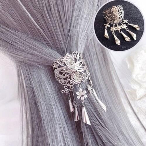 Women Ancient Style Metal Hair Clips Hollow Out Carving Floral Hairgrips Long Tassels Pendant Hairpins Wedding Party Barrettes
