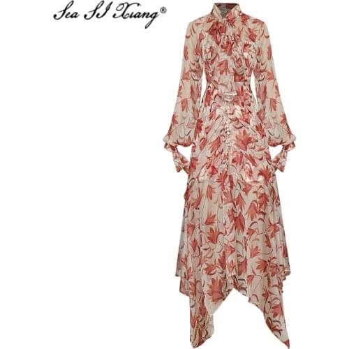 Seasixiang Fashion Designer Summer Maxi Dress Women Bow Collar Lantern Sleeve Single Breasted Bohemian Floral Print Long Dresses