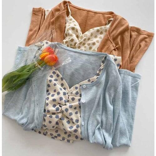 2021 Autumn Sweet Casual Dress Women Long Sleeve Thin Pure Color Blouse+ Flower Kawaii Strap Dress Korean Fashion 2 Piece Set