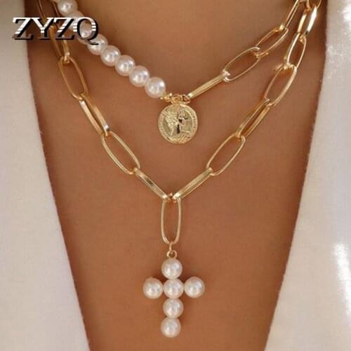 ZYZQ Punk Portrait Chain Necklace for Women Gold Color Imitate Pearl Bead Choker Gothic Multilayer Pendant Necklaces Jewelry